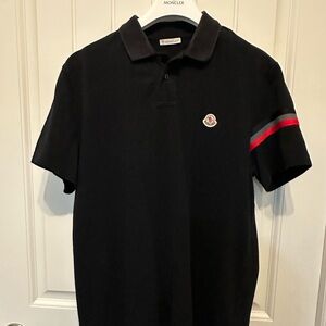 SOLD Moncler Black Polo Red & Grey Sleeve Stripe Size XL, Technical Pique Cotton